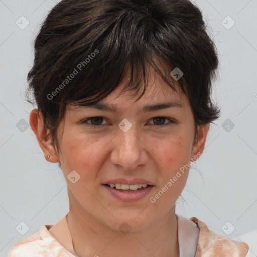 Joyful white adult female with medium  brown hair and brown eyes