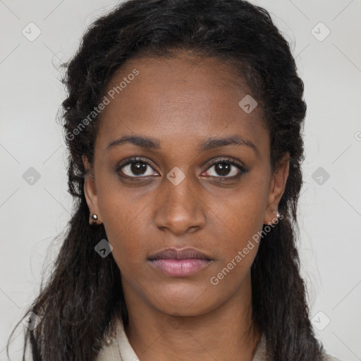 Neutral black young-adult female with long  brown hair and brown eyes