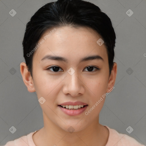 Joyful asian young-adult female with short  black hair and brown eyes