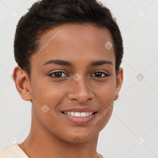 Joyful latino young-adult female with short  brown hair and brown eyes