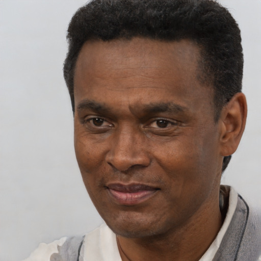 Joyful black adult male with short  black hair and brown eyes