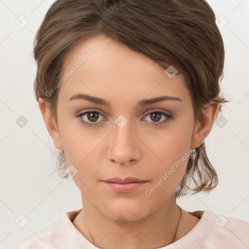 Neutral white young-adult female with short  brown hair and brown eyes