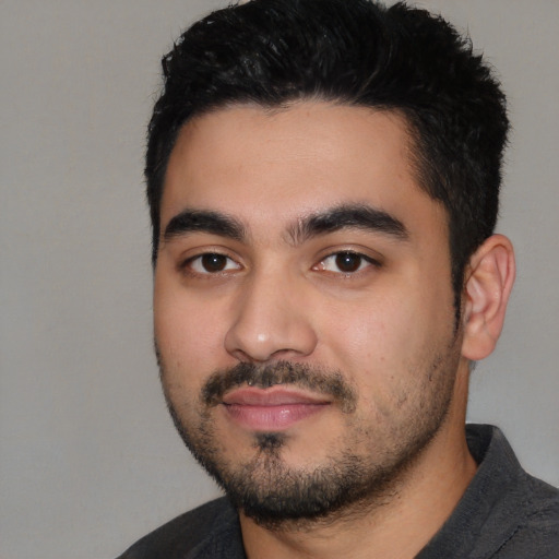 Neutral latino young-adult male with short  black hair and brown eyes