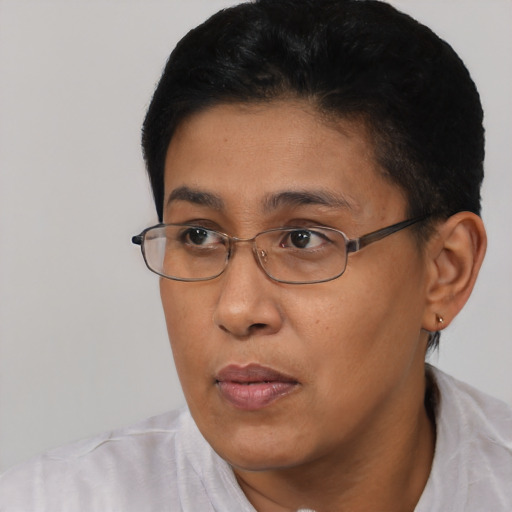 Neutral asian adult female with short  black hair and brown eyes