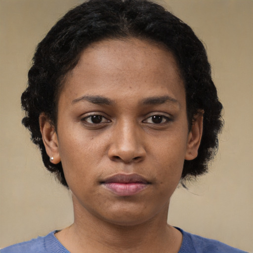 Neutral black young-adult female with short  black hair and brown eyes