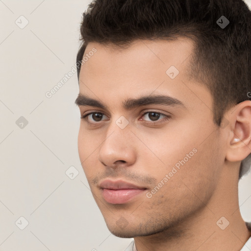 Neutral white young-adult male with short  brown hair and brown eyes