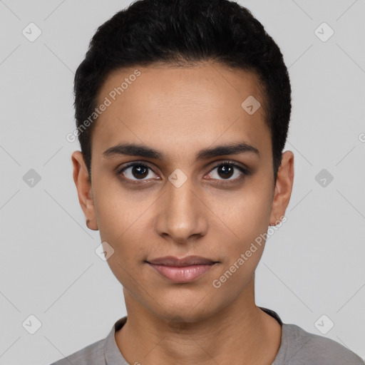 Neutral latino young-adult male with short  black hair and brown eyes