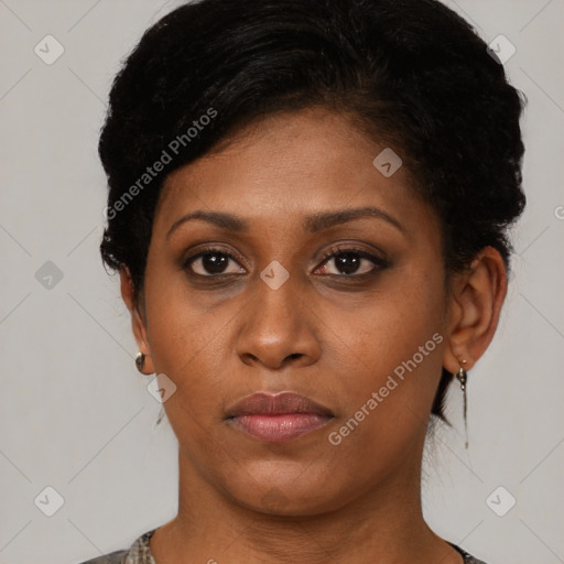 Neutral black young-adult female with short  black hair and brown eyes