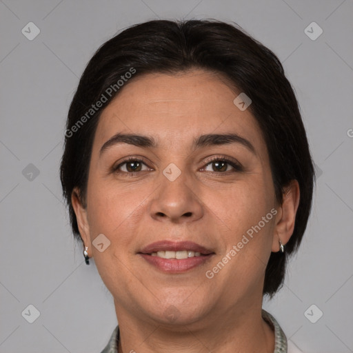 Joyful white adult female with medium  brown hair and brown eyes