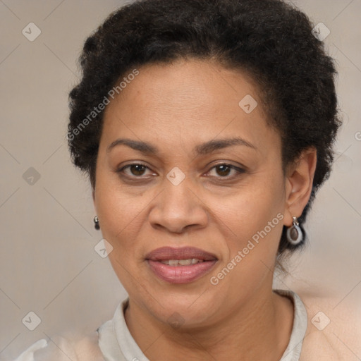 Joyful latino adult female with short  brown hair and brown eyes