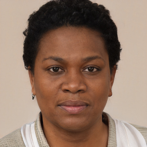 Joyful black adult female with short  black hair and brown eyes