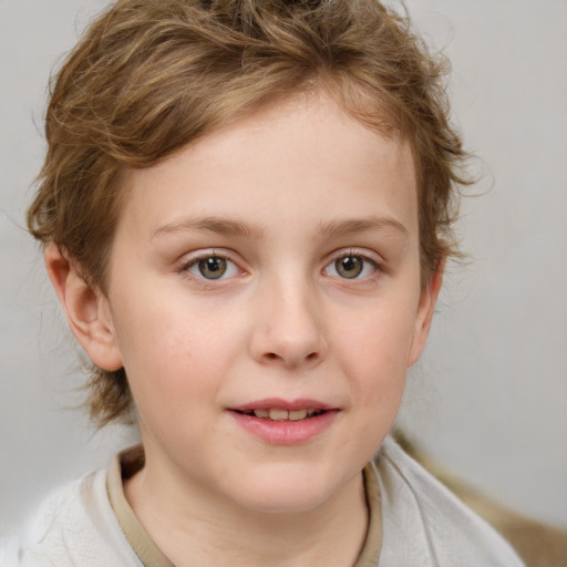 Joyful white child female with medium  brown hair and blue eyes