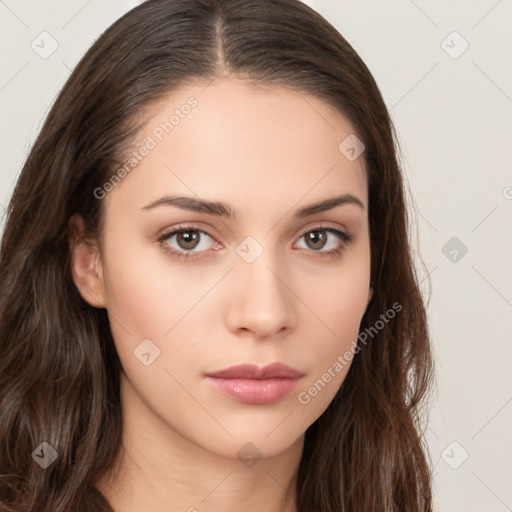 Neutral white young-adult female with long  brown hair and brown eyes