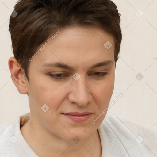 Joyful white young-adult female with short  brown hair and brown eyes