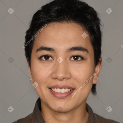 Joyful latino young-adult female with short  black hair and brown eyes