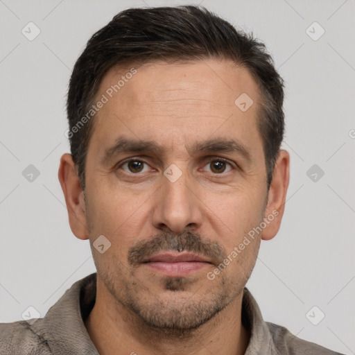 Neutral white adult male with short  brown hair and brown eyes