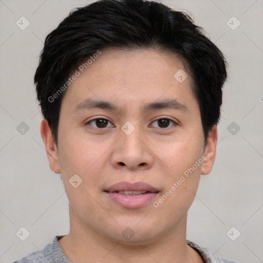 Joyful asian young-adult male with short  brown hair and brown eyes