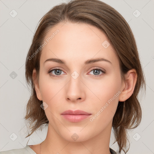 Neutral white young-adult female with medium  brown hair and grey eyes