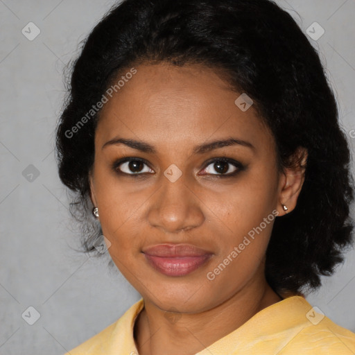 Joyful black young-adult female with medium  black hair and brown eyes