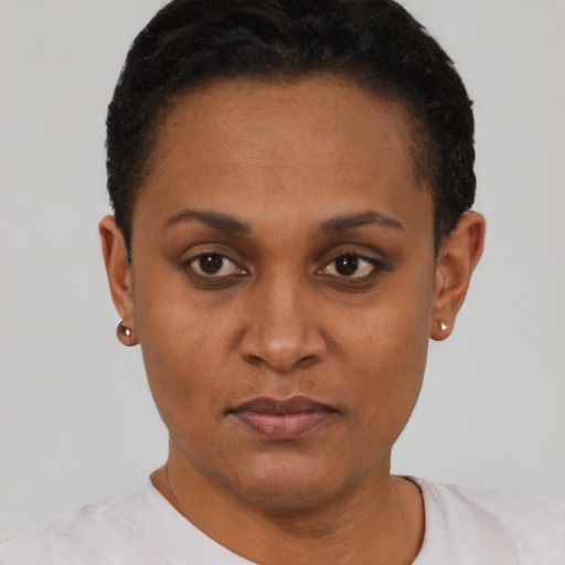 Neutral black young-adult female with short  black hair and brown eyes