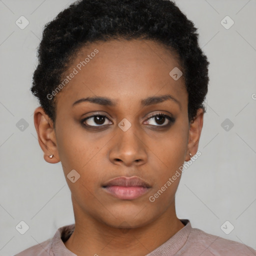 Neutral latino young-adult female with short  black hair and brown eyes