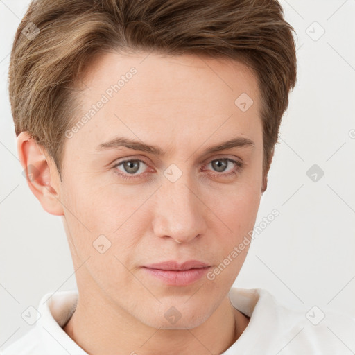 Neutral white young-adult male with short  brown hair and grey eyes