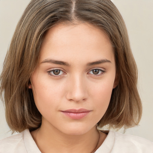 Neutral white young-adult female with medium  brown hair and brown eyes