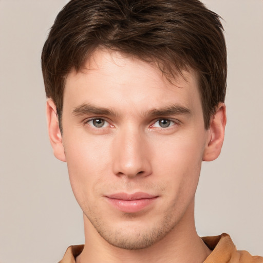 Neutral white young-adult male with short  brown hair and brown eyes