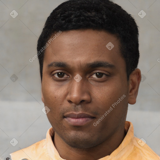 Neutral latino young-adult male with short  black hair and brown eyes