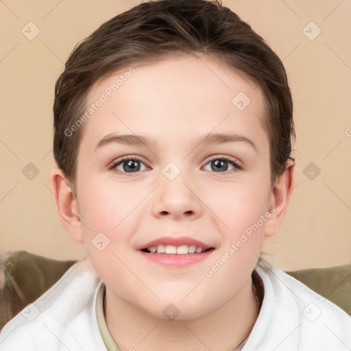 Joyful white child female with short  brown hair and brown eyes