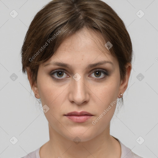 Joyful white young-adult female with medium  brown hair and grey eyes