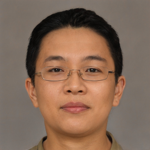 Neutral asian young-adult male with short  brown hair and brown eyes