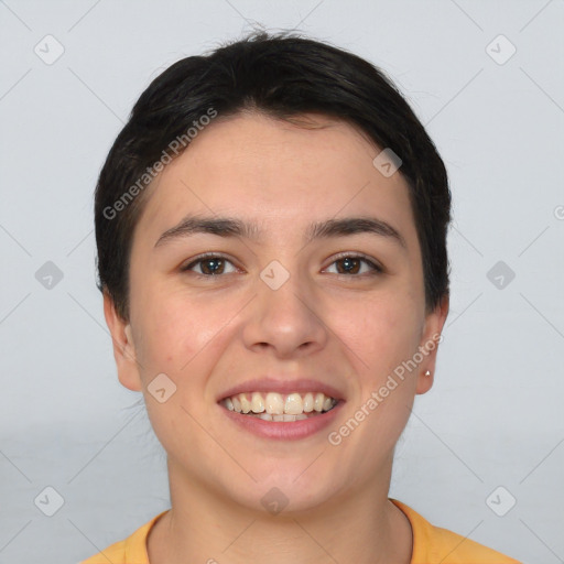 Joyful white young-adult female with short  brown hair and brown eyes