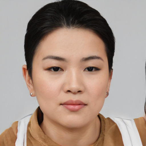 Neutral white young-adult female with medium  black hair and brown eyes