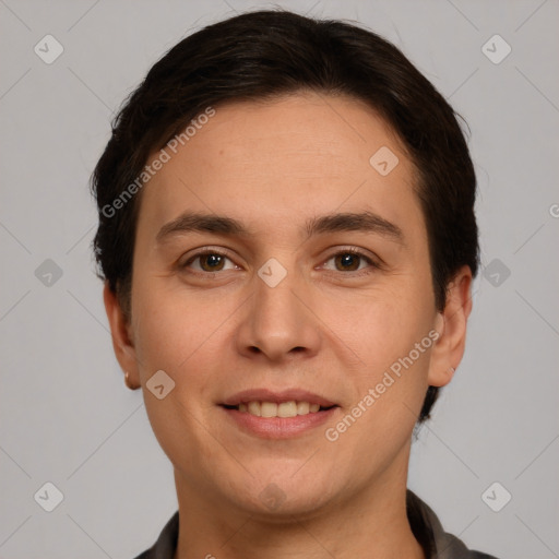 Joyful white young-adult female with short  brown hair and brown eyes