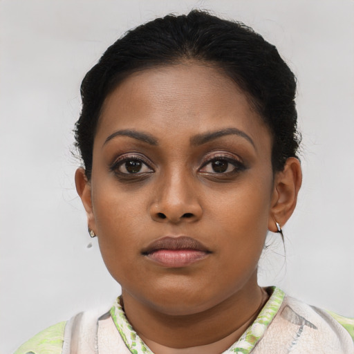 Neutral black young-adult female with short  brown hair and brown eyes