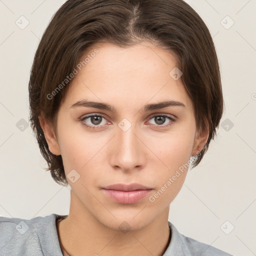 Neutral white young-adult female with short  brown hair and brown eyes