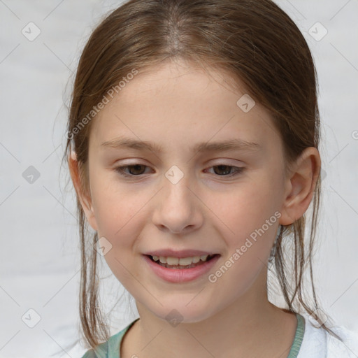 Joyful white child female with medium  brown hair and brown eyes