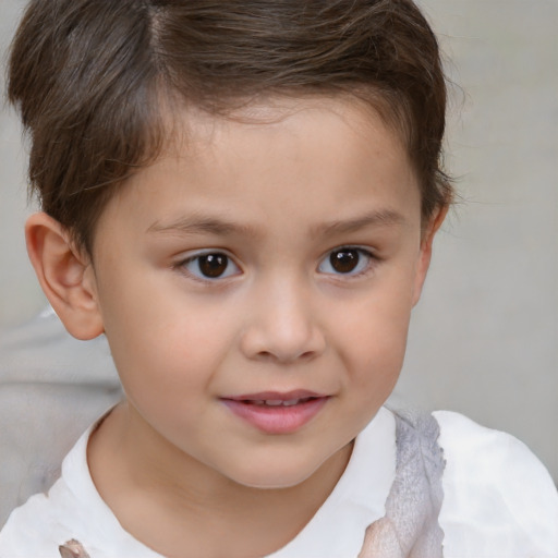 Joyful white child female with short  brown hair and brown eyes