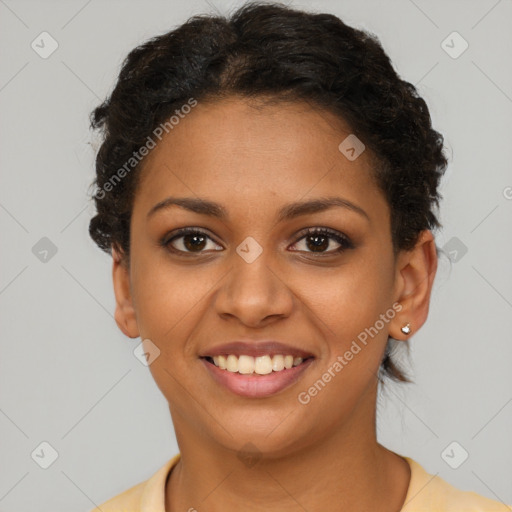 Joyful latino young-adult female with short  brown hair and brown eyes