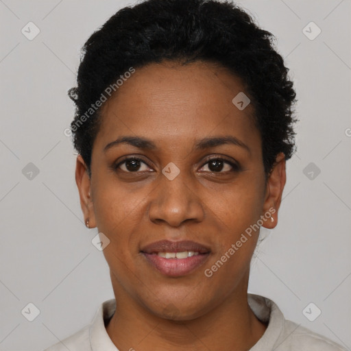Joyful black young-adult female with short  black hair and brown eyes