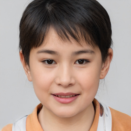 Joyful white child female with medium  brown hair and brown eyes