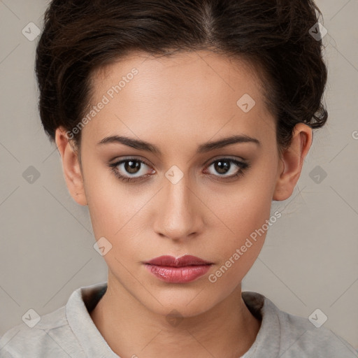 Neutral white young-adult female with short  brown hair and brown eyes