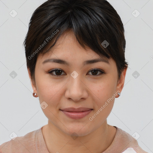 Joyful asian young-adult female with short  brown hair and brown eyes