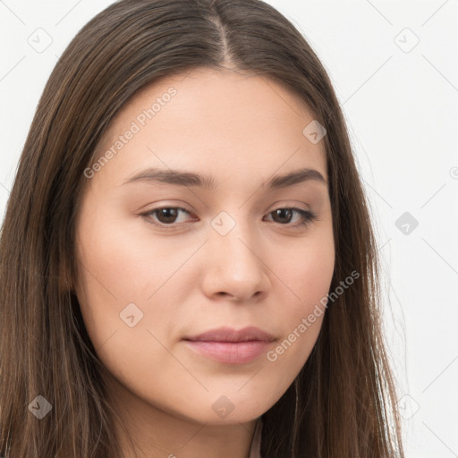 Neutral white young-adult female with long  brown hair and brown eyes