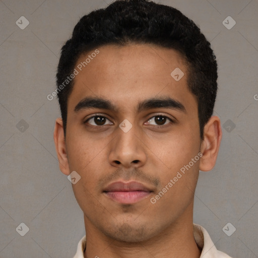 Neutral latino young-adult male with short  black hair and brown eyes