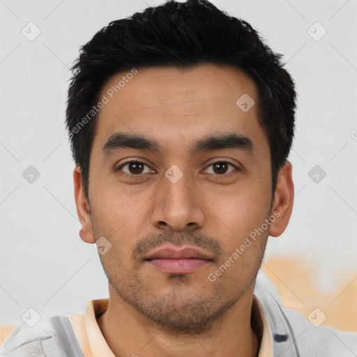 Neutral latino young-adult male with short  black hair and brown eyes