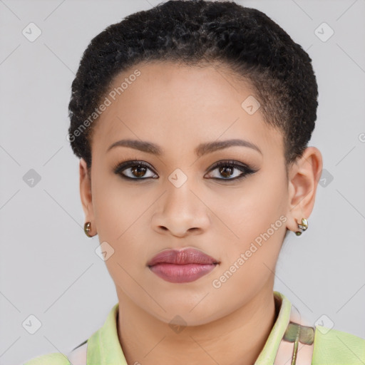 Joyful latino young-adult female with short  brown hair and brown eyes