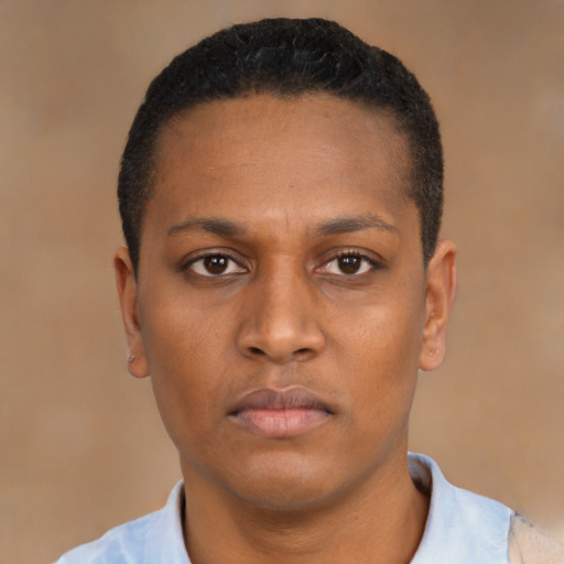 Neutral black young-adult male with short  black hair and brown eyes