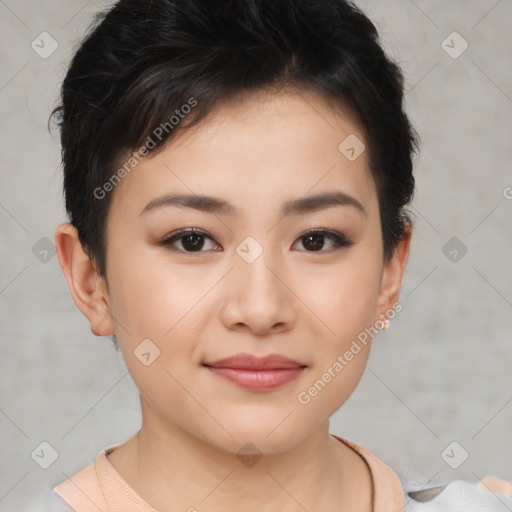 Joyful asian young-adult female with short  brown hair and brown eyes